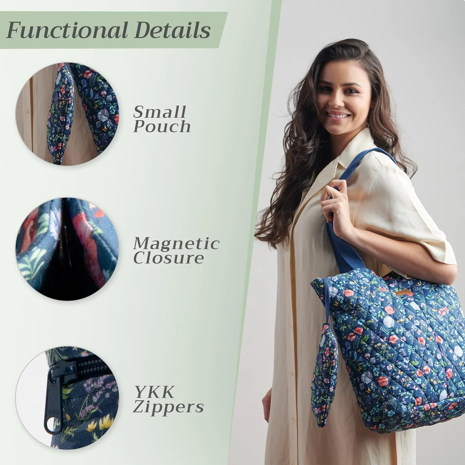 Maison d' Hermine Shopping Bags Cotton Quilted Tote Bag with Zipper Pockets Small Pouch Reusable Grocery Bag Work Travel