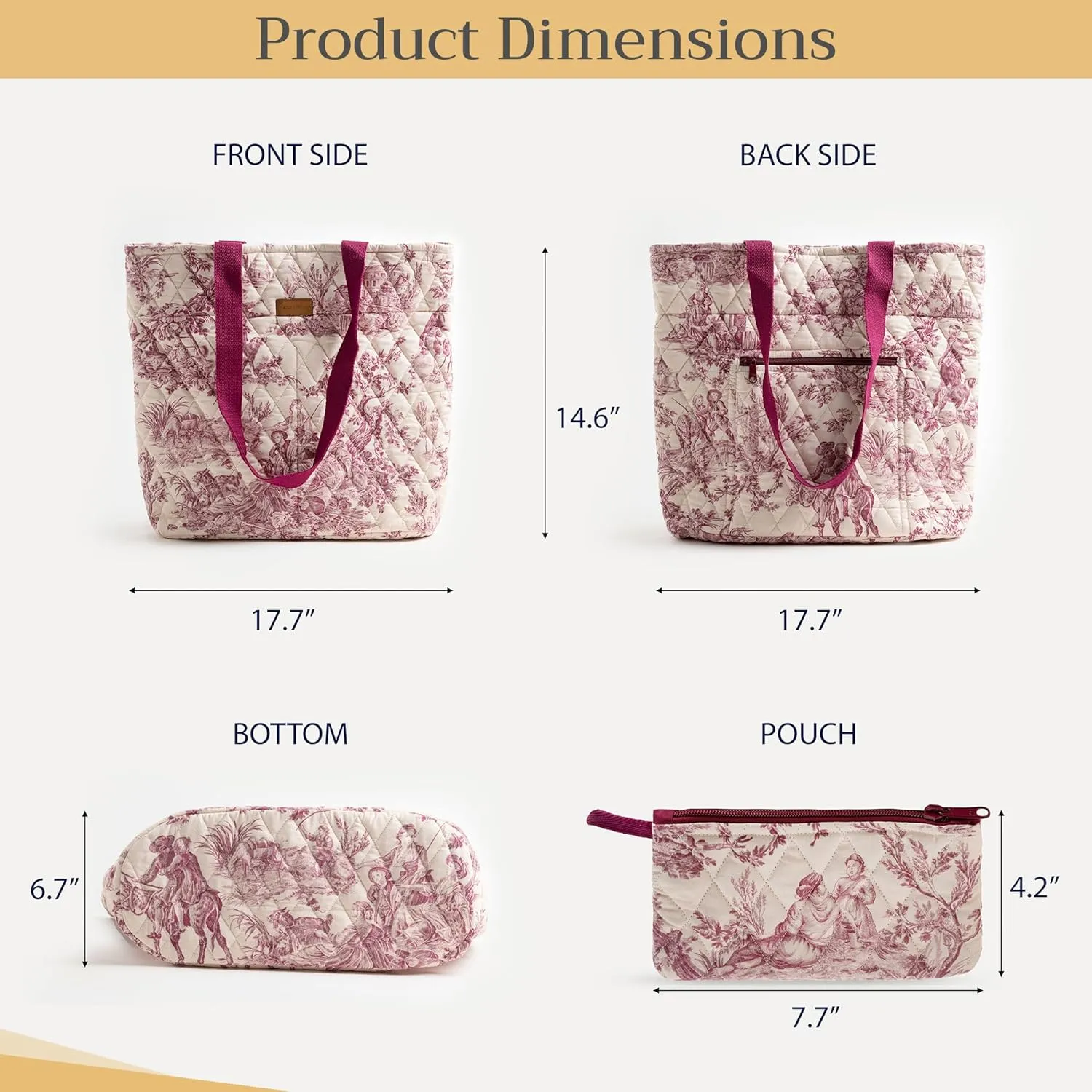 Maison d' Hermine Shopping Bags Cotton Quilted Tote Bag with Zipper Pockets Small Pouch Reusable Grocery Bag Work Travel
