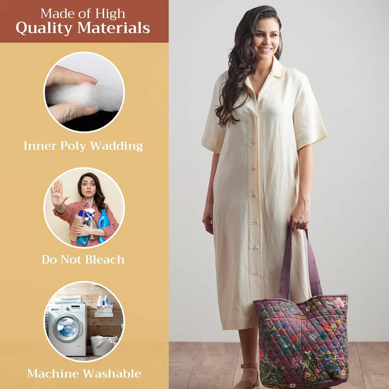 Maison d' Hermine Shopping Bags Cotton Quilted Tote Bag with Zipper Pockets Small Pouch Reusable Grocery Bag Work Travel