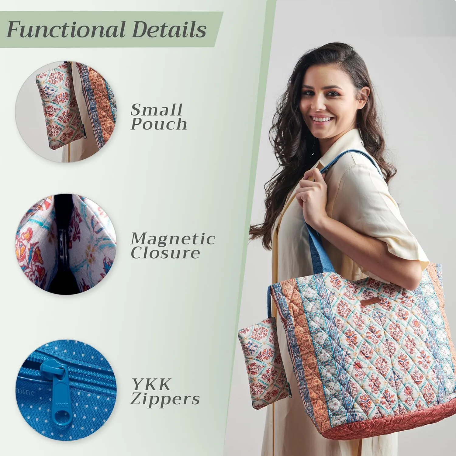 Maison d' Hermine Shopping Bags Cotton Quilted Tote Bag with Zipper Pockets Small Pouch Reusable Grocery Bag Work Travel