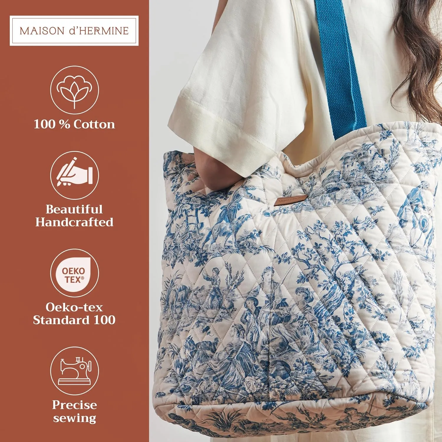 Maison d' Hermine Shopping Bags Cotton Quilted Tote Bag with Zipper Pockets Small Pouch Reusable Grocery Bag Work Travel