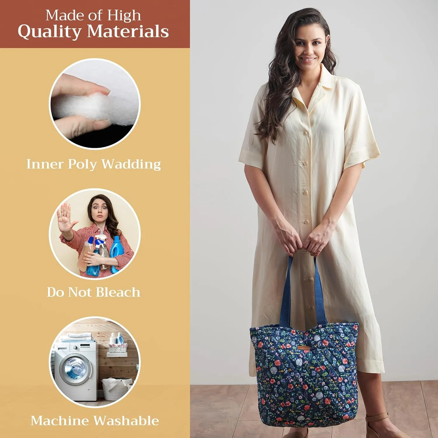Maison d' Hermine Shopping Bags Cotton Quilted Tote Bag with Zipper Pockets Small Pouch Reusable Grocery Bag Work Travel