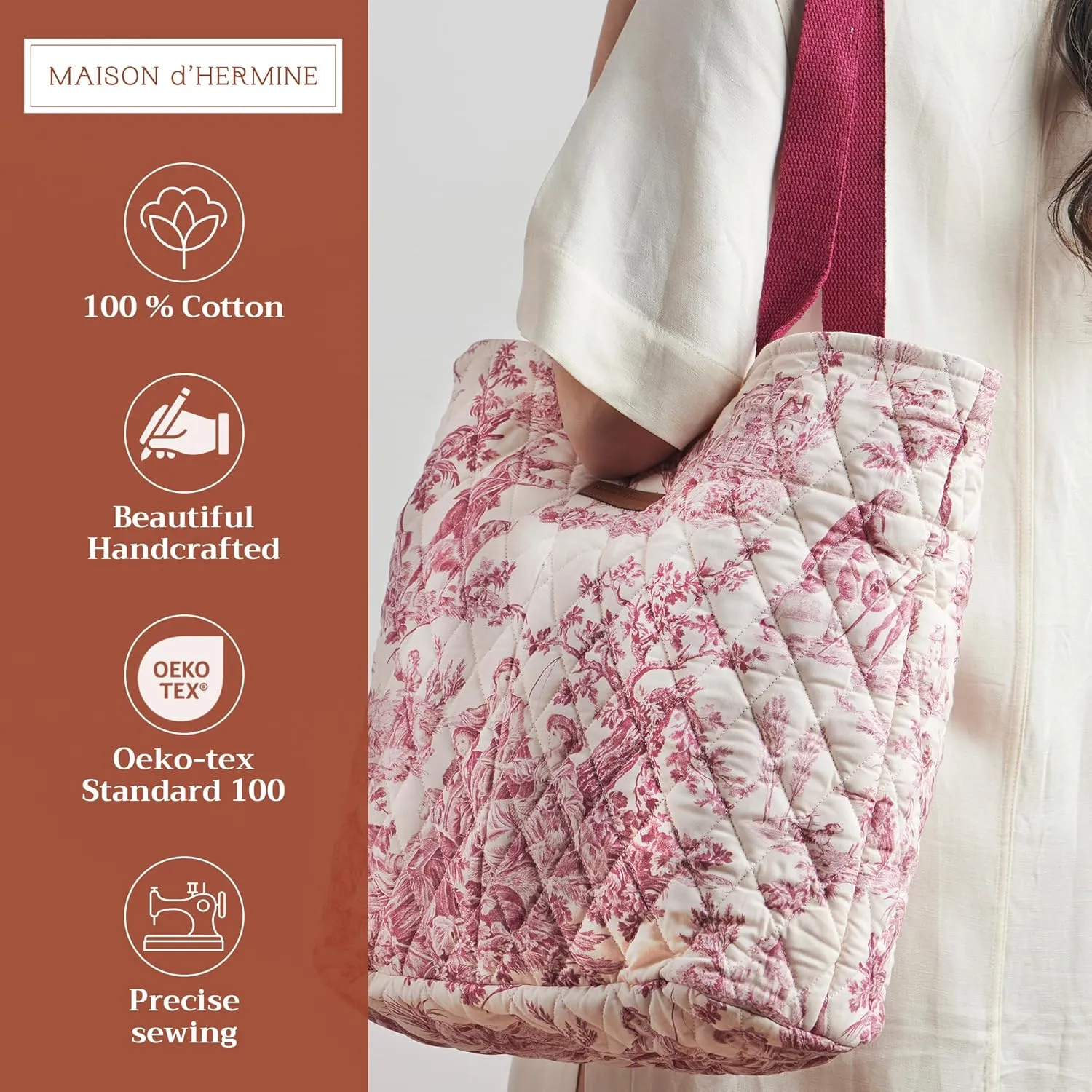 Maison d' Hermine Shopping Bags Cotton Quilted Tote Bag with Zipper Pockets Small Pouch Reusable Grocery Bag Work Travel