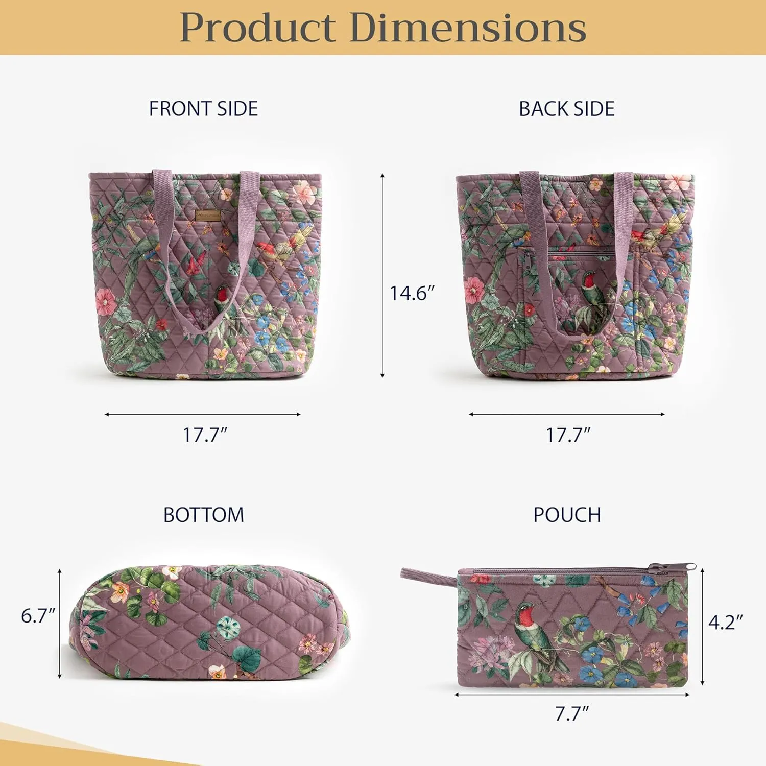 Maison d' Hermine Shopping Bags Cotton Quilted Tote Bag with Zipper Pockets Small Pouch Reusable Grocery Bag Work Travel