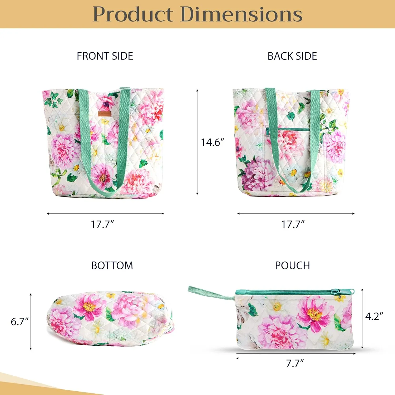 Maison d' Hermine Shopping Bags Cotton Quilted Tote Bag with Zipper Pockets Small Pouch Reusable Grocery Bag Work Travel