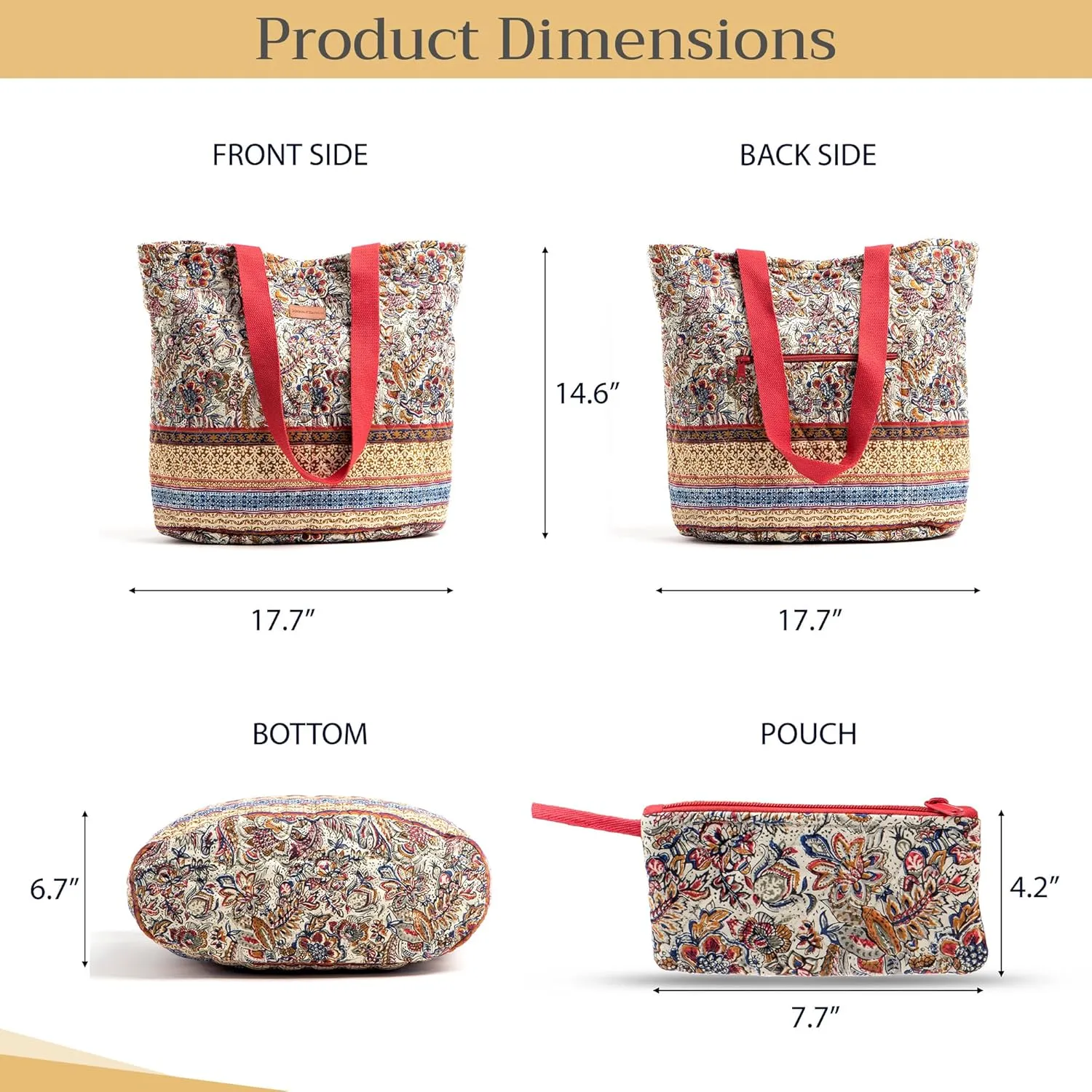 Maison d' Hermine Shopping Bags Cotton Quilted Tote Bag with Zipper Pockets Small Pouch Reusable Grocery Bag Work Travel