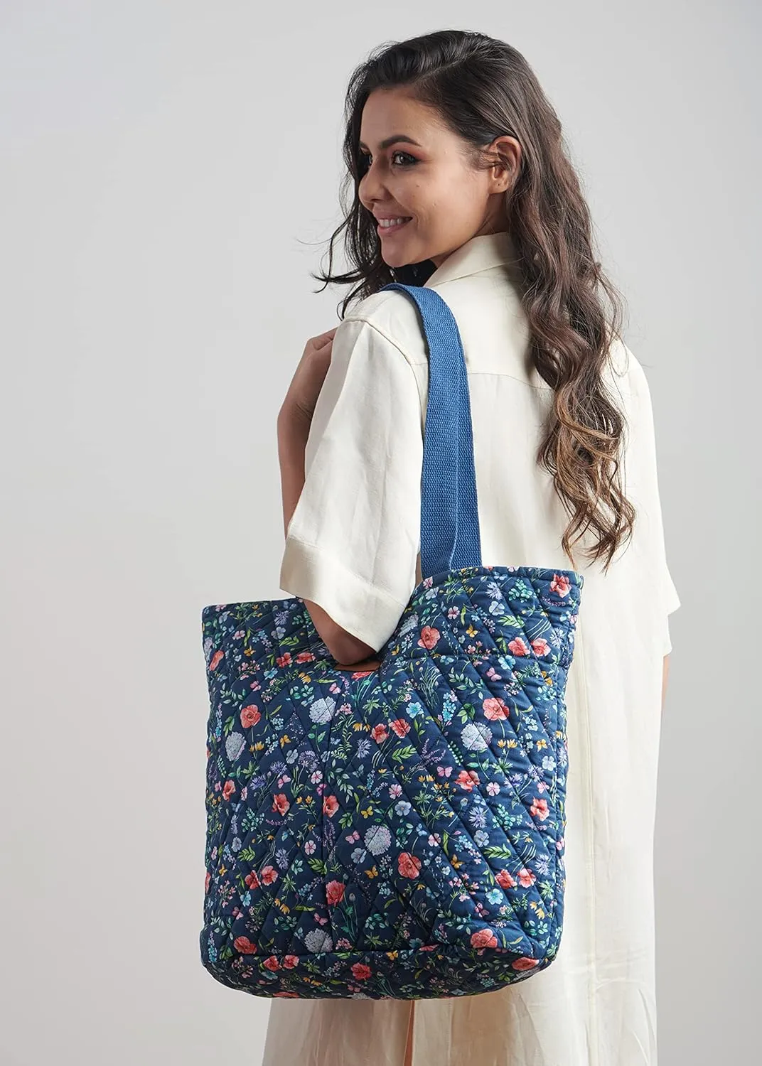 Maison d' Hermine Shopping Bags Cotton Quilted Tote Bag with Zipper Pockets Small Pouch Reusable Grocery Bag Work Travel