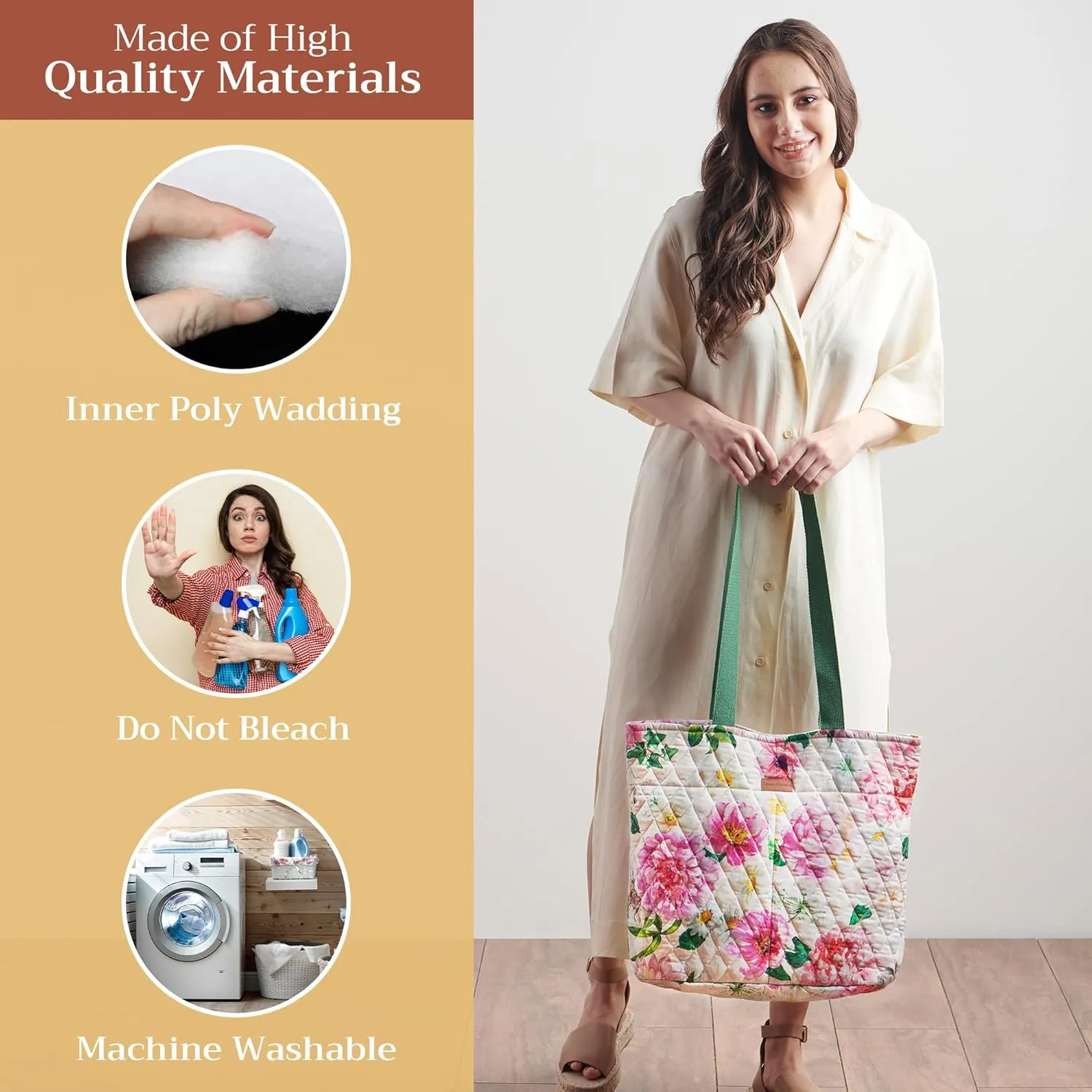 Maison d' Hermine Shopping Bags Cotton Quilted Tote Bag with Zipper Pockets Small Pouch Reusable Grocery Bag Work Travel