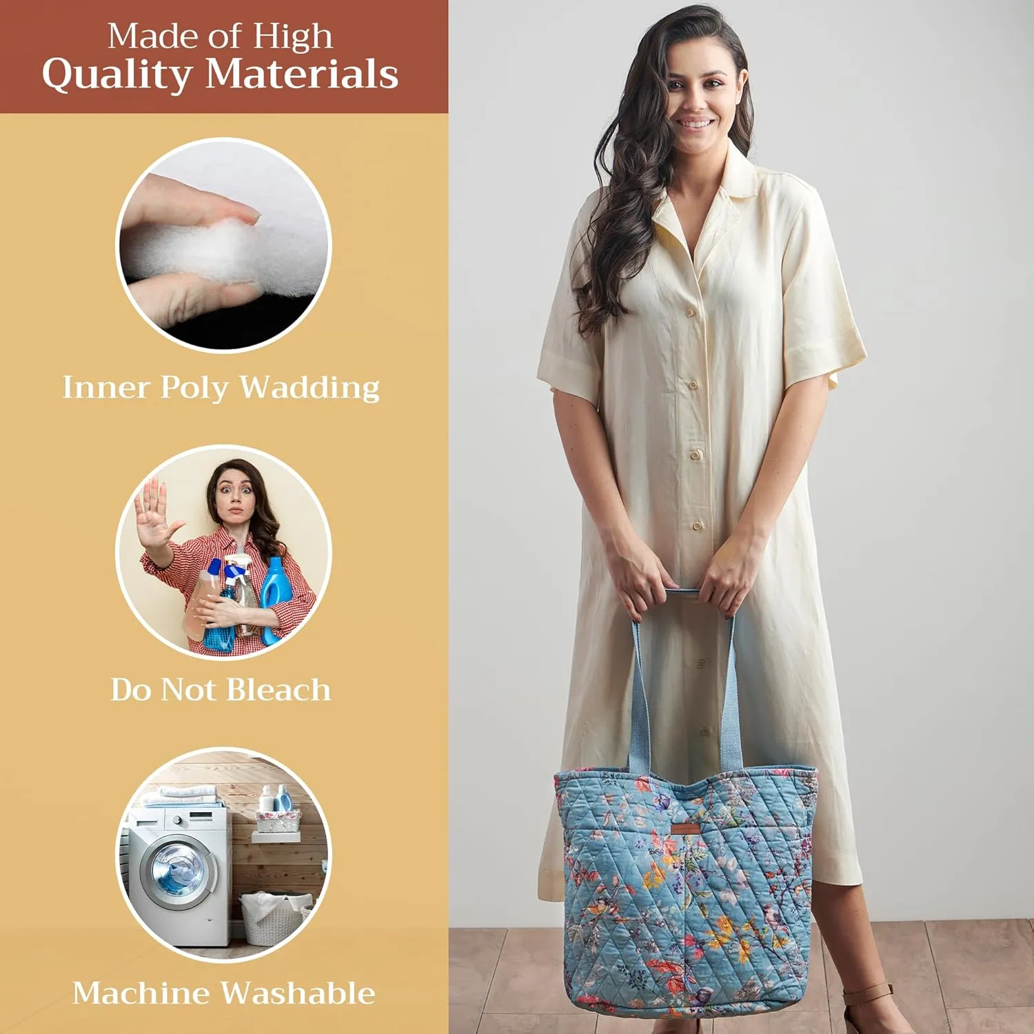 Maison d' Hermine Shopping Bags Cotton Quilted Tote Bag with Zipper Pockets Small Pouch Reusable Grocery Bag Work Travel