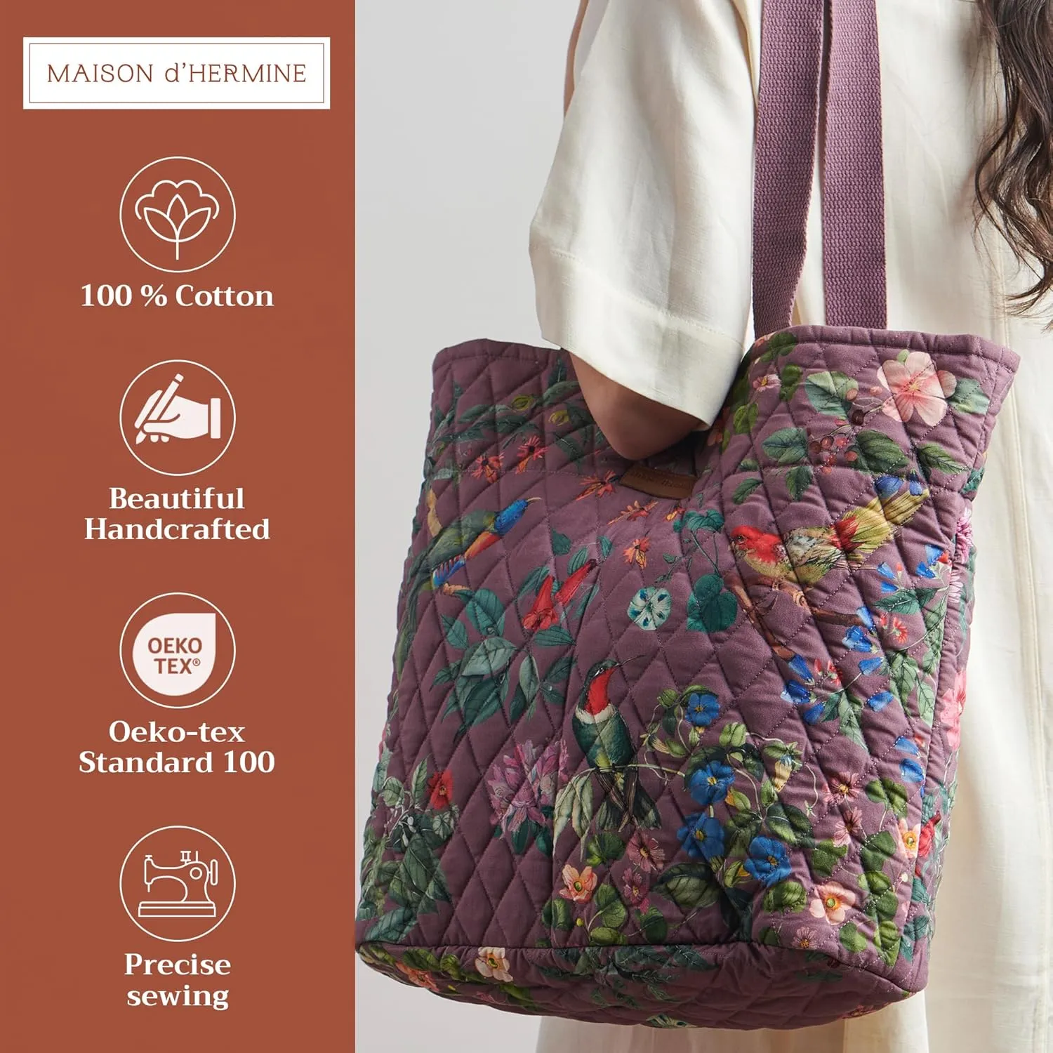 Maison d' Hermine Shopping Bags Cotton Quilted Tote Bag with Zipper Pockets Small Pouch Reusable Grocery Bag Work Travel