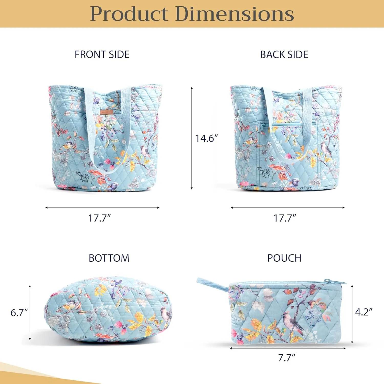 Maison d' Hermine Shopping Bags Cotton Quilted Tote Bag with Zipper Pockets Small Pouch Reusable Grocery Bag Work Travel