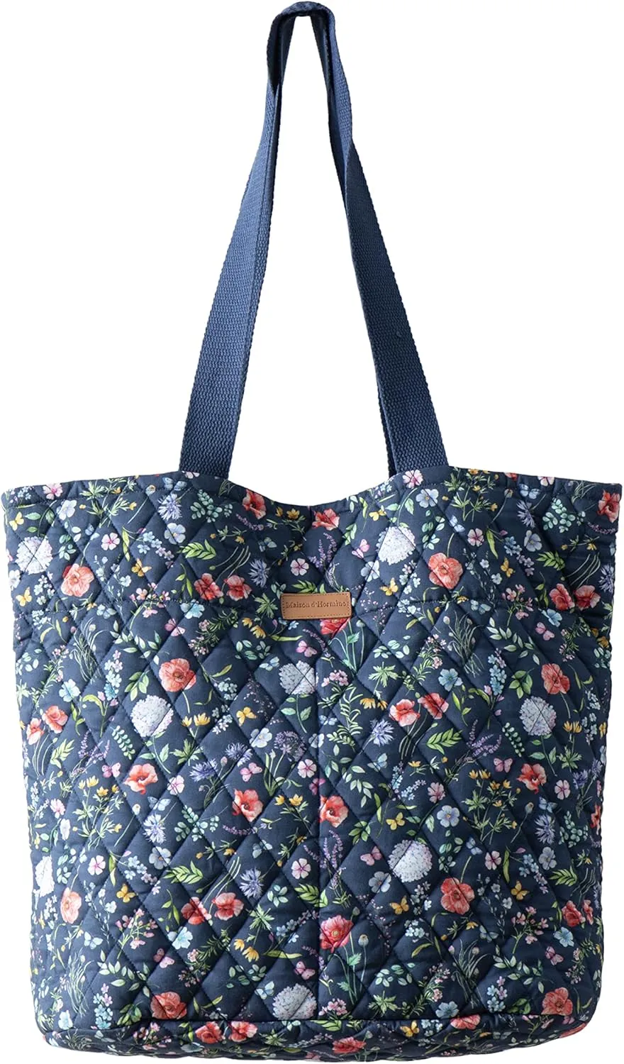 Maison d' Hermine Shopping Bags Cotton Quilted Tote Bag with Zipper Pockets Small Pouch Reusable Grocery Bag Work Travel