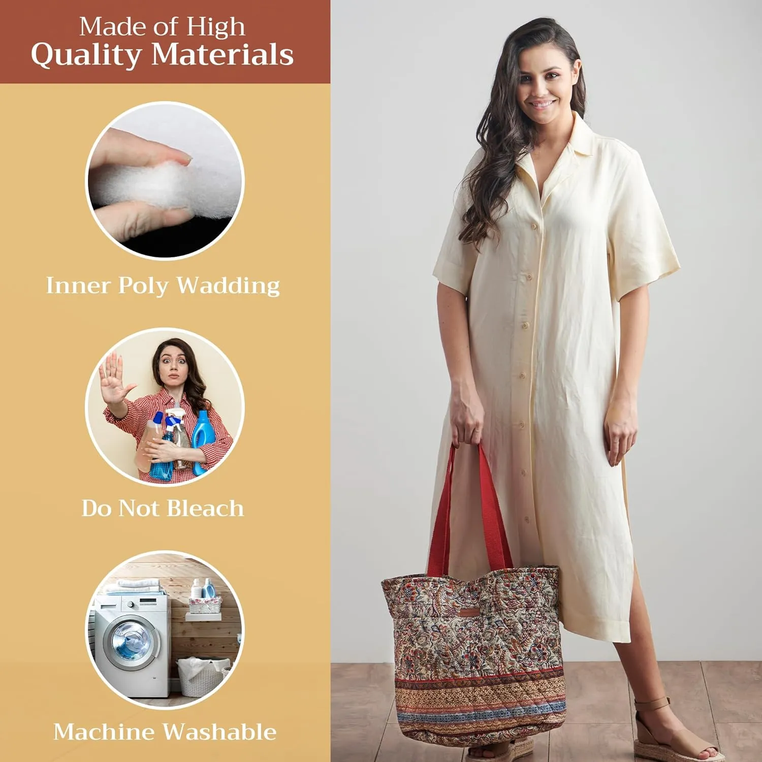 Maison d' Hermine Shopping Bags Cotton Quilted Tote Bag with Zipper Pockets Small Pouch Reusable Grocery Bag Work Travel