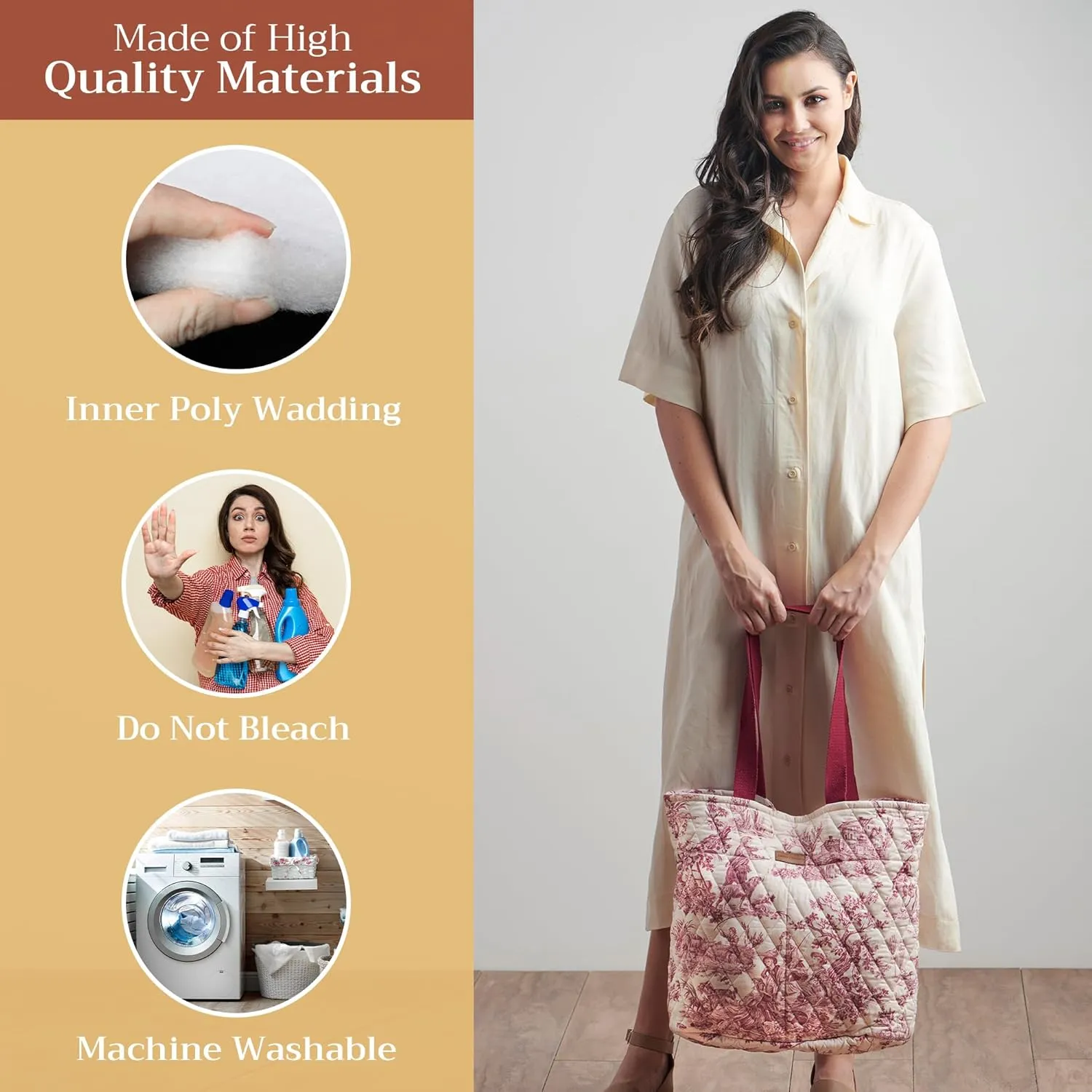 Maison d' Hermine Shopping Bags Cotton Quilted Tote Bag with Zipper Pockets Small Pouch Reusable Grocery Bag Work Travel