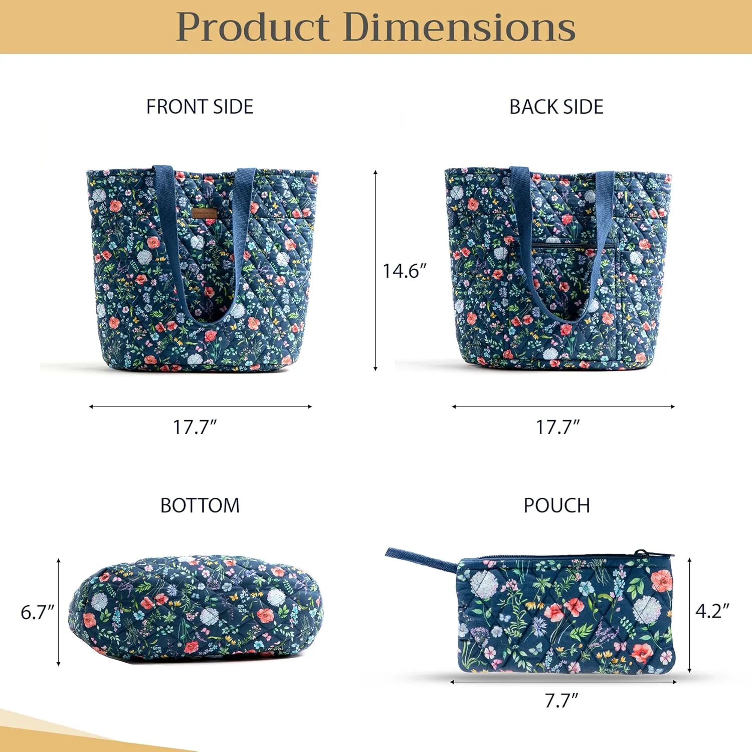 Maison d' Hermine Shopping Bags Cotton Quilted Tote Bag with Zipper Pockets Small Pouch Reusable Grocery Bag Work Travel