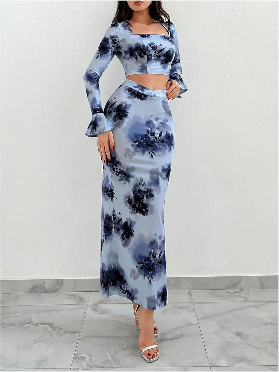 MakeMeChic Women's Skirts Set 2 Piece Outfits Square Neck Long Sleeve Crop Tops Bodycon Skirt