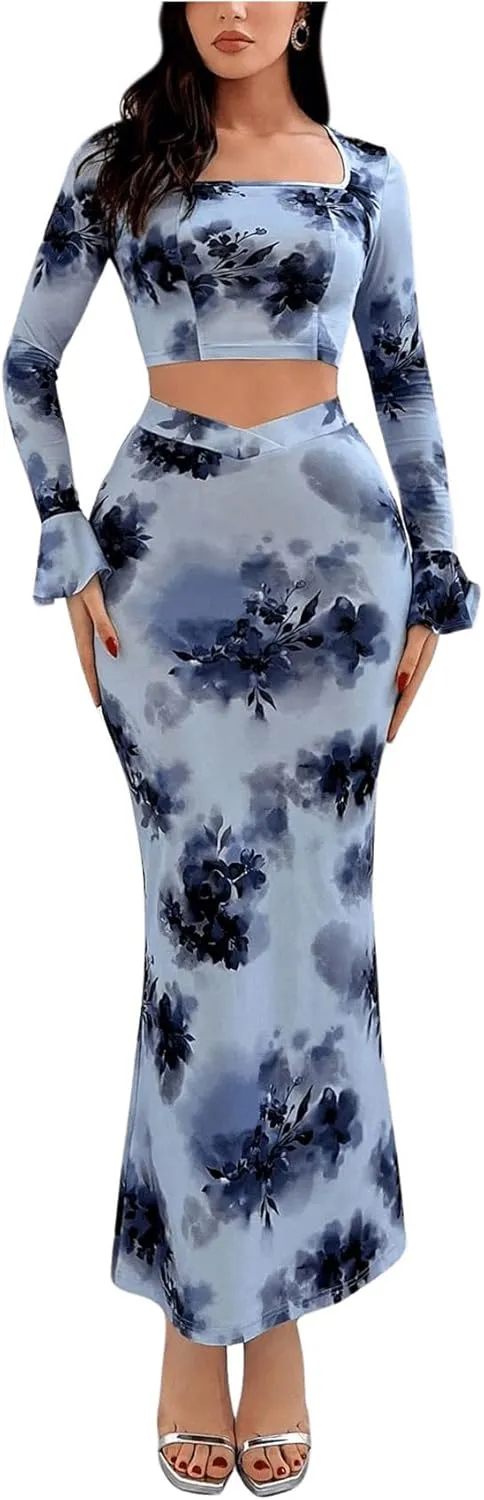 MakeMeChic Women's Skirts Set 2 Piece Outfits Square Neck Long Sleeve Crop Tops Bodycon Skirt
