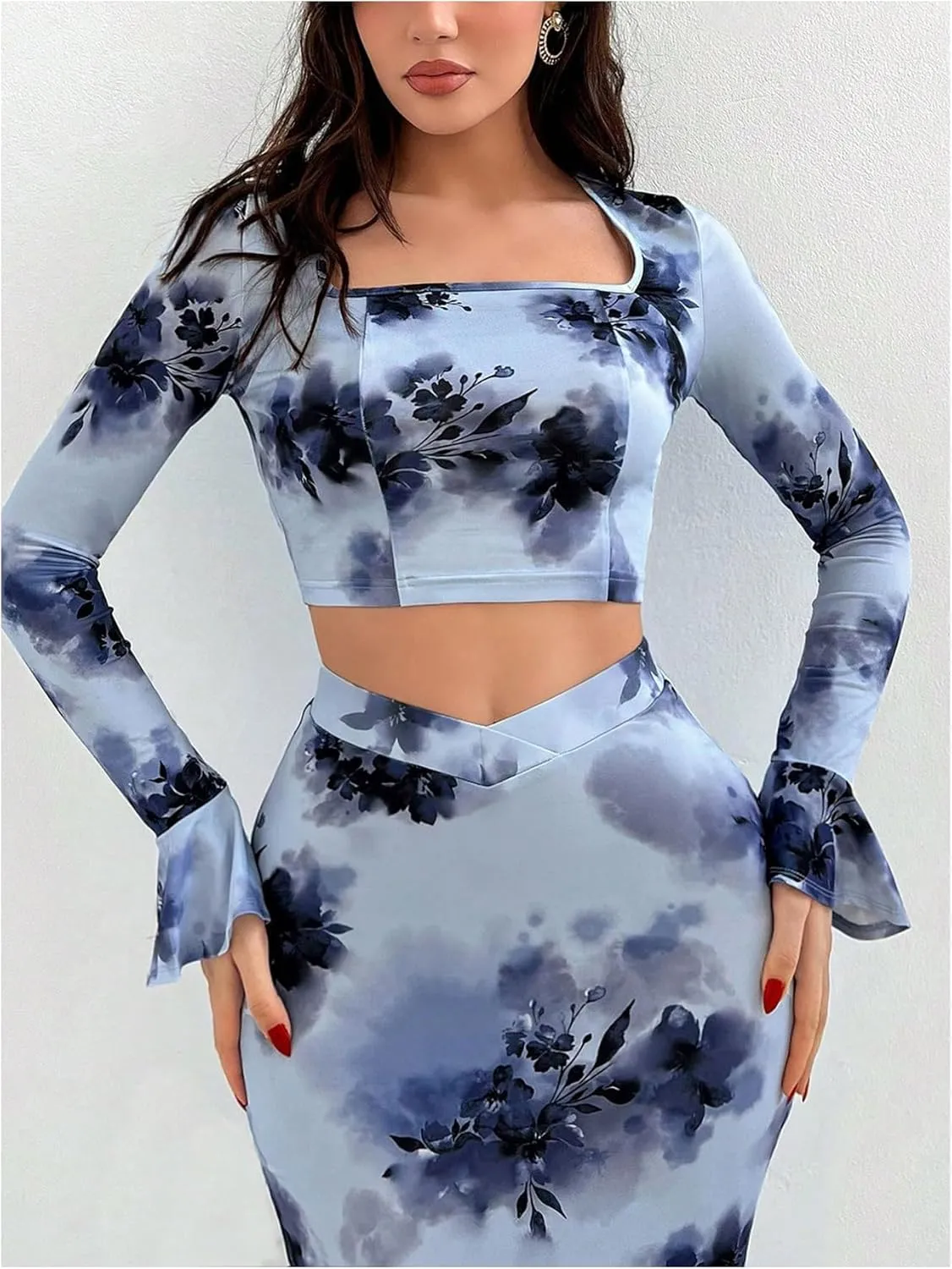MakeMeChic Women's Skirts Set 2 Piece Outfits Square Neck Long Sleeve Crop Tops Bodycon Skirt