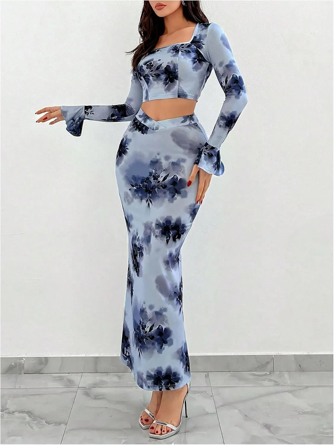 MakeMeChic Women's Skirts Set 2 Piece Outfits Square Neck Long Sleeve Crop Tops Bodycon Skirt