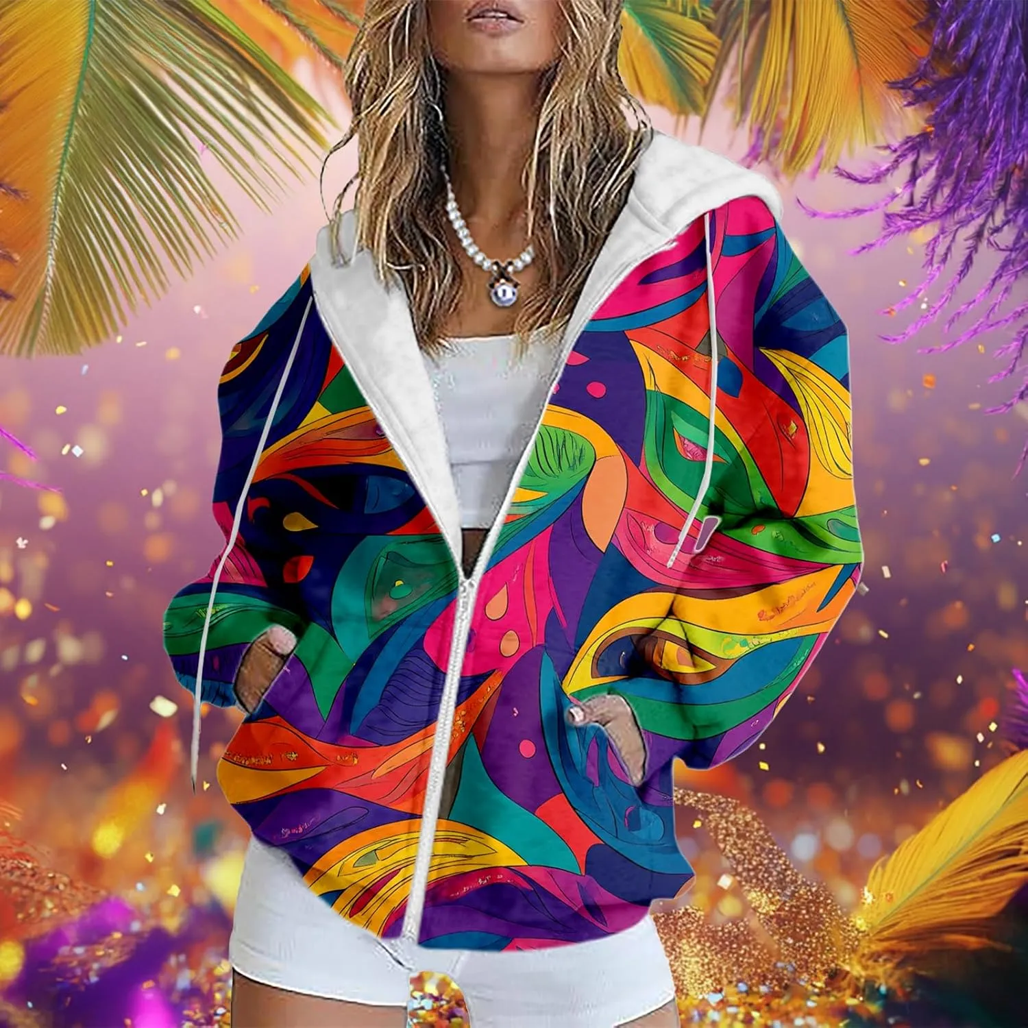 MARSVOVO Mardi Gras Sweatshirts for Women Full Zipper Long Sleeve Tuesday Shirt Vintage Vneck Carnival Outfit for Party