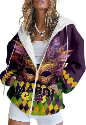 MARSVOVO Mardi Gras Sweatshirts for Women Full Zipper Long Sleeve Tuesday Shirt Vintage Vneck Carnival Outfit for Party