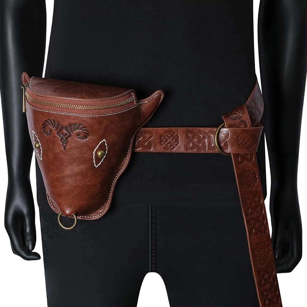 Medieval Nordic Embossed Belt with Belt Bag Viking Style Waist Bag Change Purse Faux Leather Belt and Coin Purse Pouch Set for Men Women