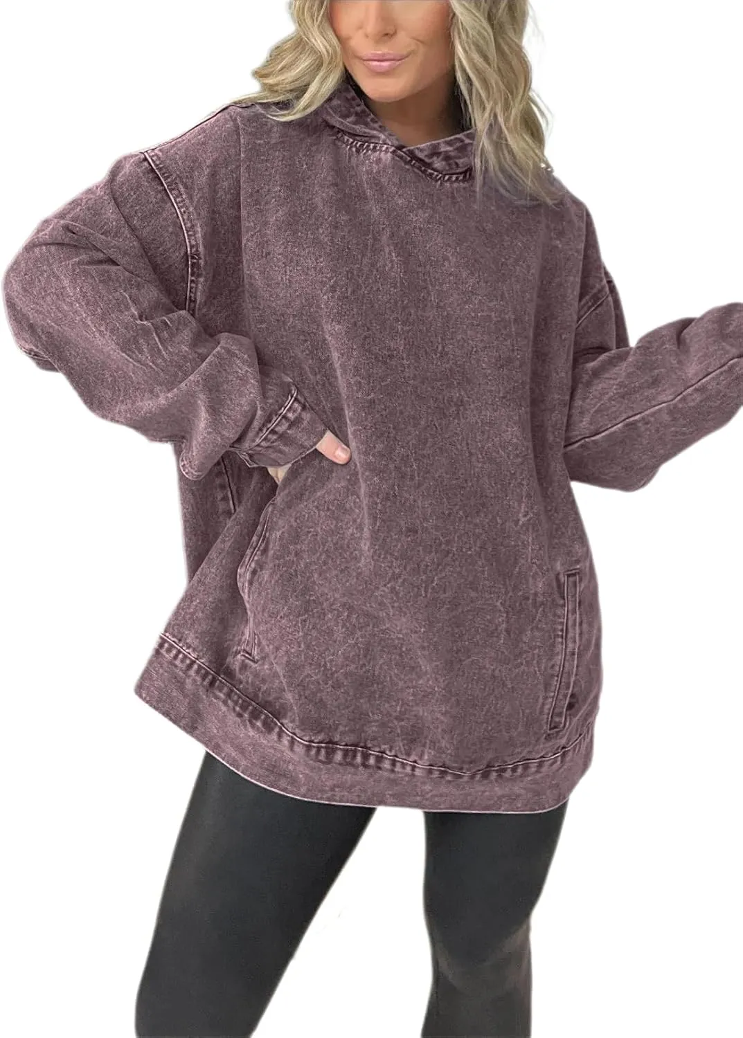 Melliflo Women Denim Hoodie with Pockets Long Sleeve Vintage Acid Wash Shirts Hooded Oversized Sweatshirts Jean Tops