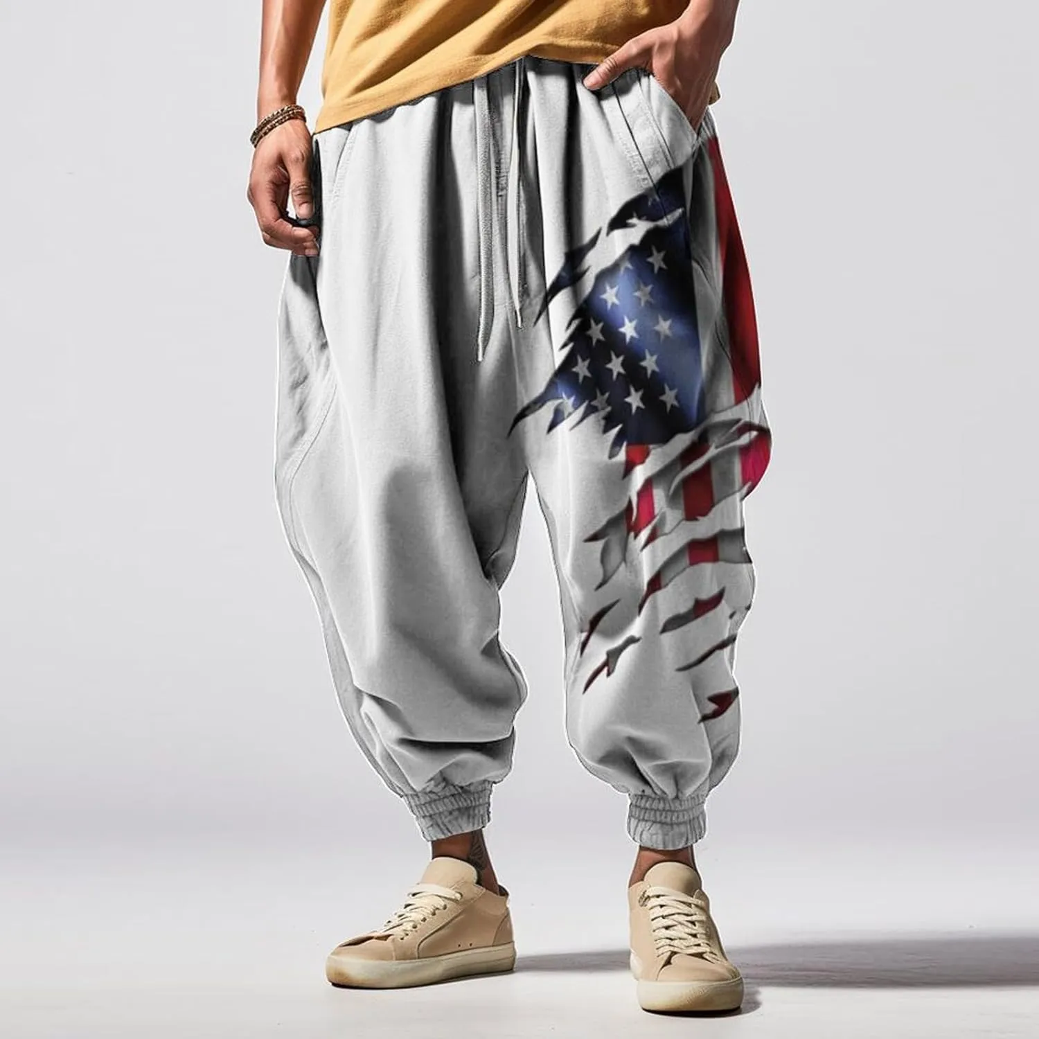 Men Hippie Harem Pants Men's Autumn Fun Print Fashion Street Feel Casual Sweatpants Cotton Drawstring Cargo Pants