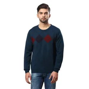 Men Petrol Argyle Acrylic Wool Blend Round Collar Sweaters