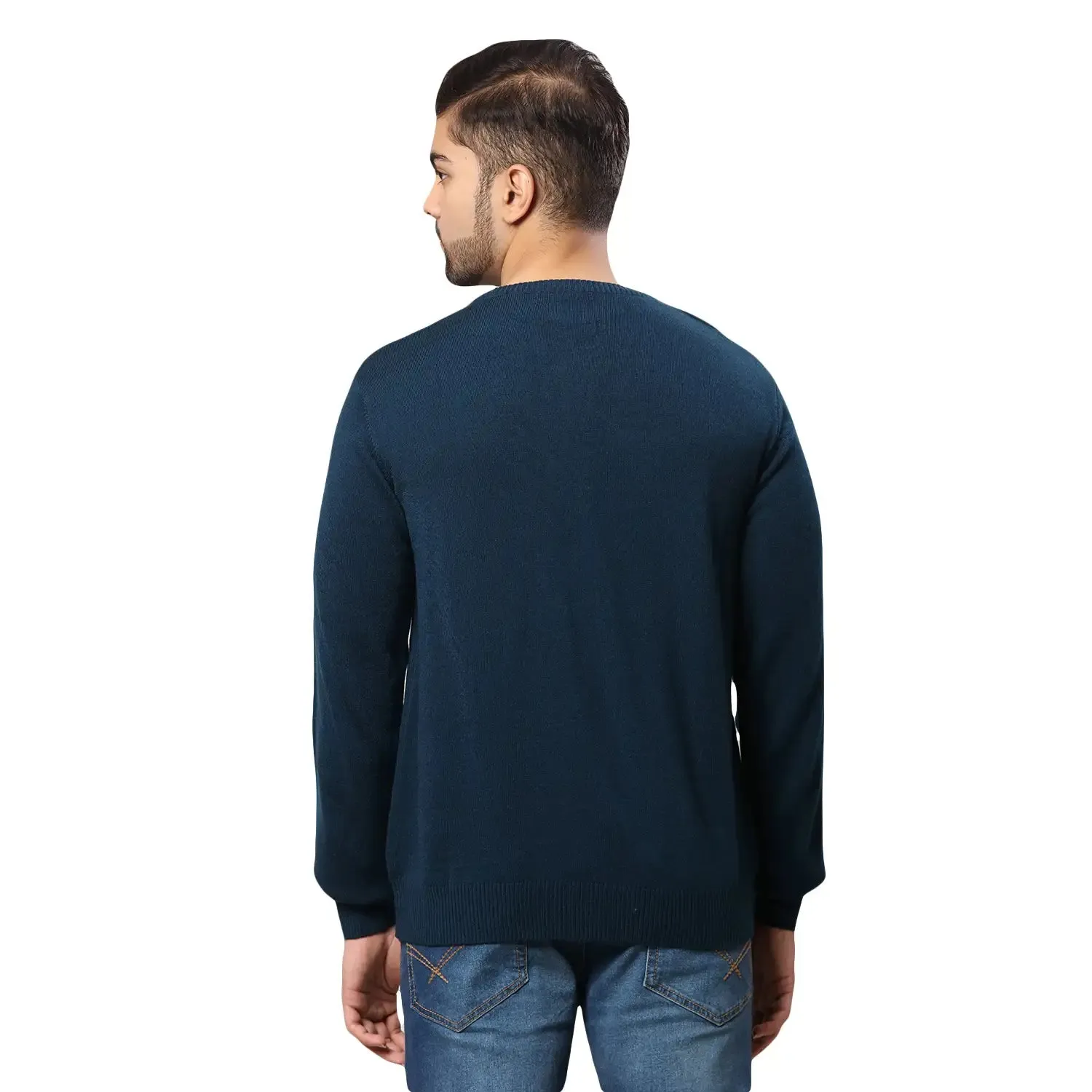 Men Petrol Argyle Acrylic Wool Blend Round Collar Sweaters