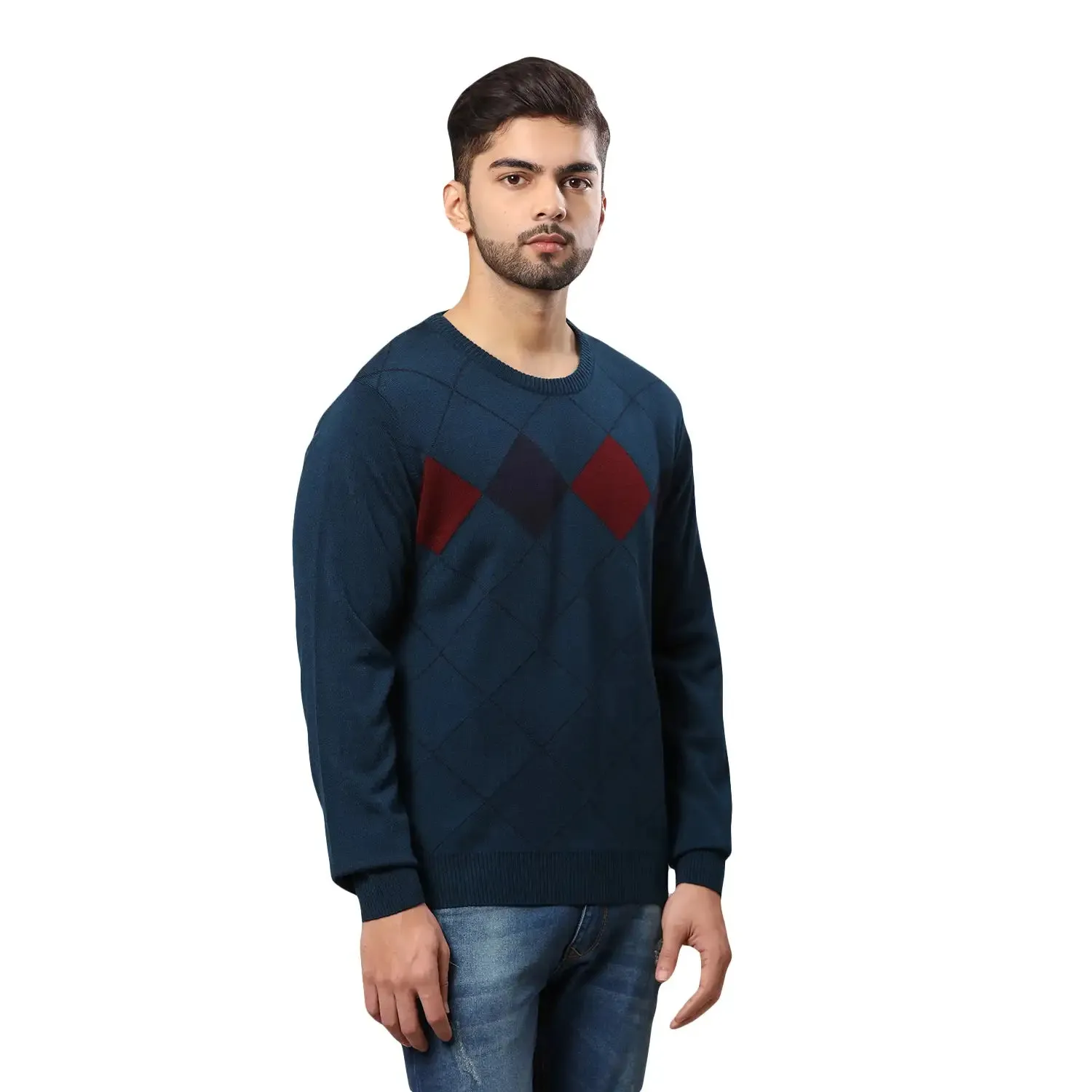 Men Petrol Argyle Acrylic Wool Blend Round Collar Sweaters