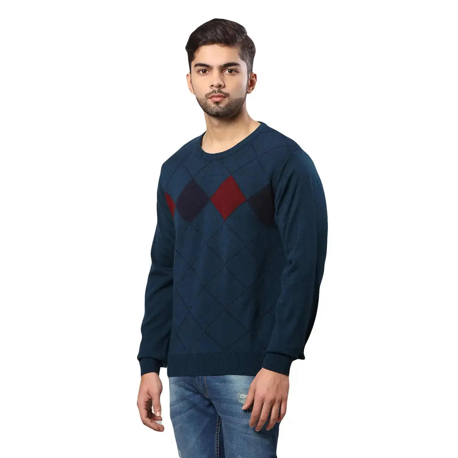 Men Petrol Argyle Acrylic Wool Blend Round Collar Sweaters