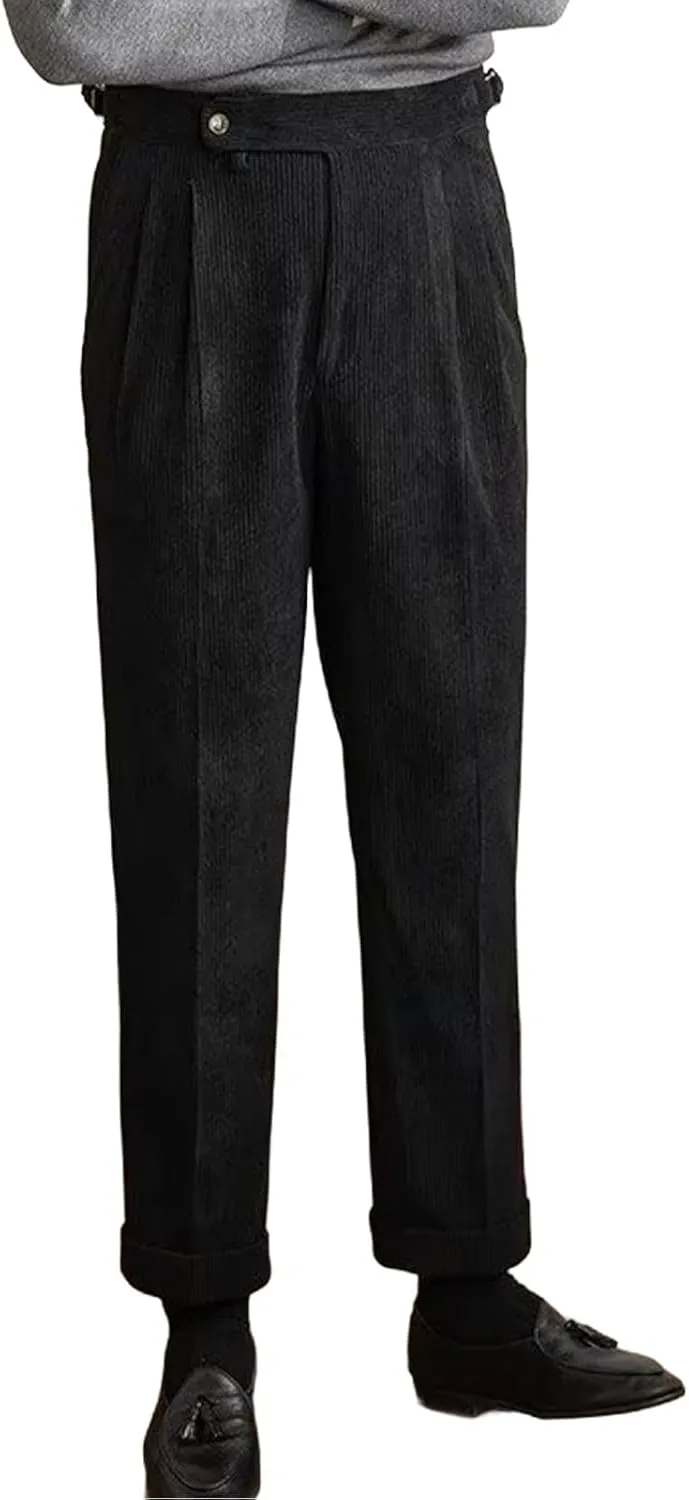 Mens Corduroy Suit Pants Trendy Straight Leg Trousers Fashion Casual Plain Flat Front Business Dress Pants for Spring