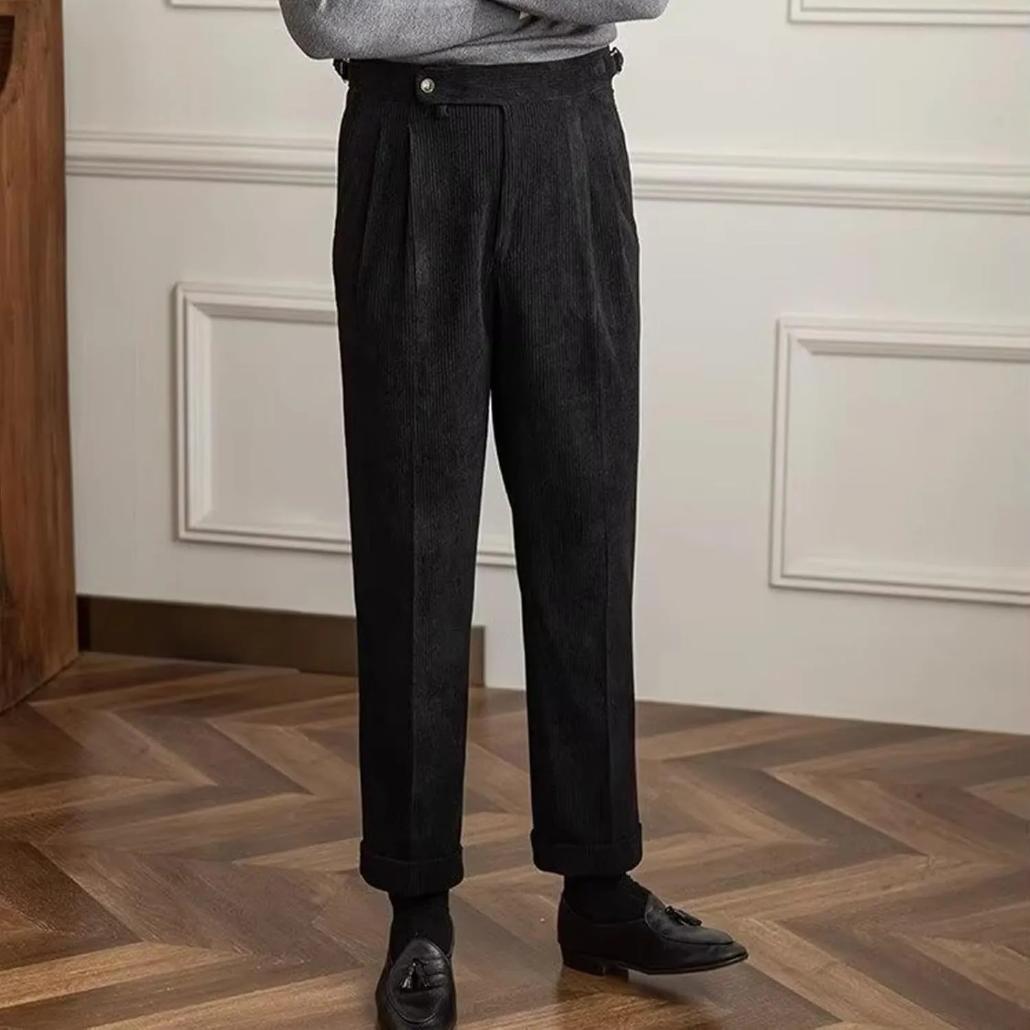 Mens Corduroy Suit Pants Trendy Straight Leg Trousers Fashion Casual Plain Flat Front Business Dress Pants for Spring