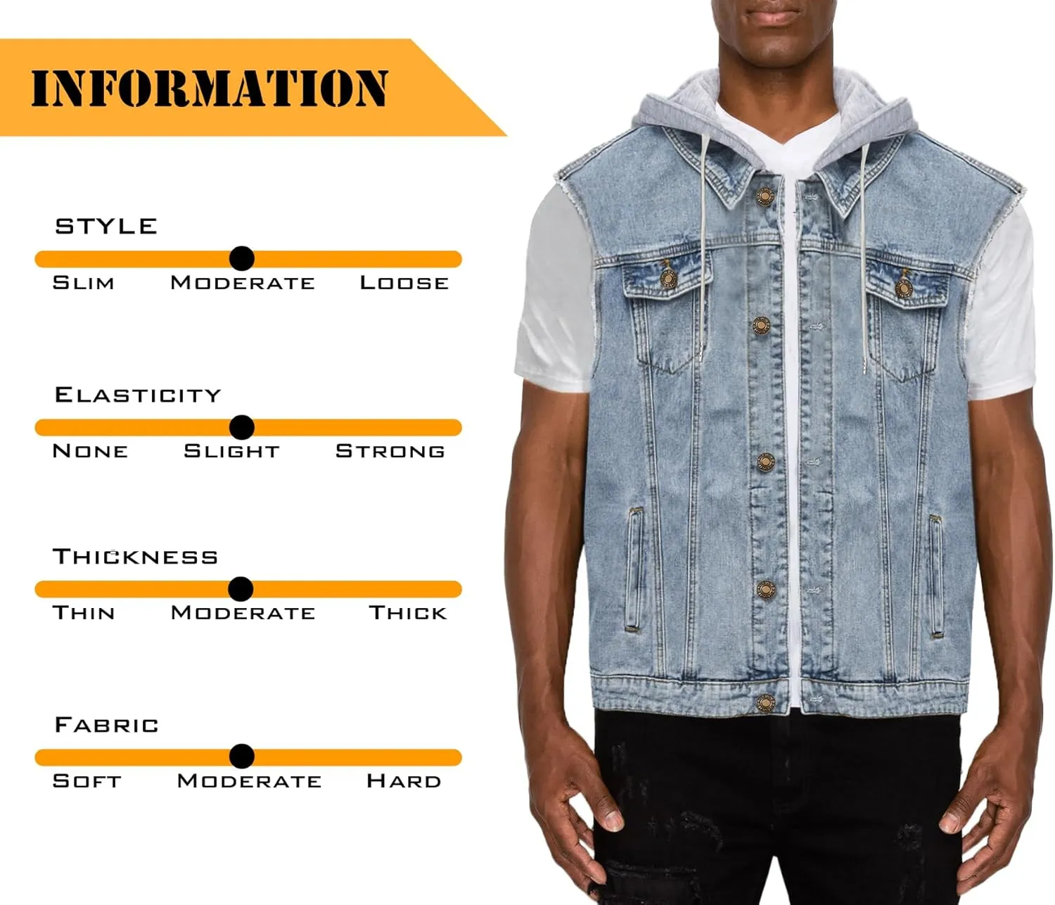Men's Hooded Denim Vest Classic Stretchy Trucker Sleeveless Jean Jacket