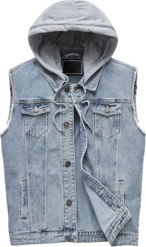 Men's Hooded Denim Vest Classic Stretchy Trucker Sleeveless Jean Jacket