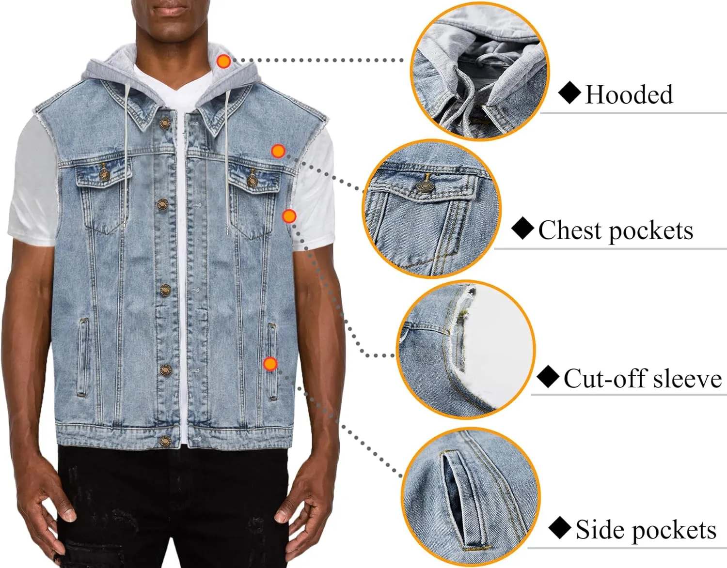 Men's Hooded Denim Vest Classic Stretchy Trucker Sleeveless Jean Jacket