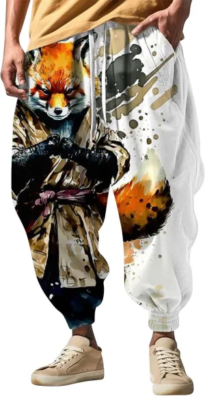 Men's Linen Harem Drawstring Pants Men's Autumn Fun Print Fashion Street Drawstring Workout Track Pants with Pockets