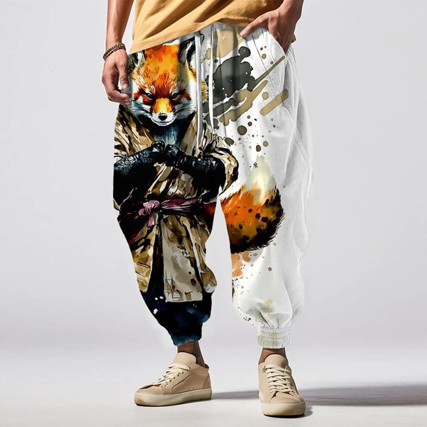Men's Linen Harem Drawstring Pants Men's Autumn Fun Print Fashion Street Drawstring Workout Track Pants with Pockets