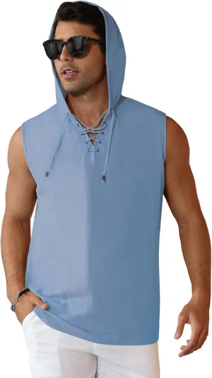 Men's Linen Tank Tops Sleeveless Shirts Lace Up Beach Summer Yoga Top Hippie Renaissance Pirate Tunic with Hood
