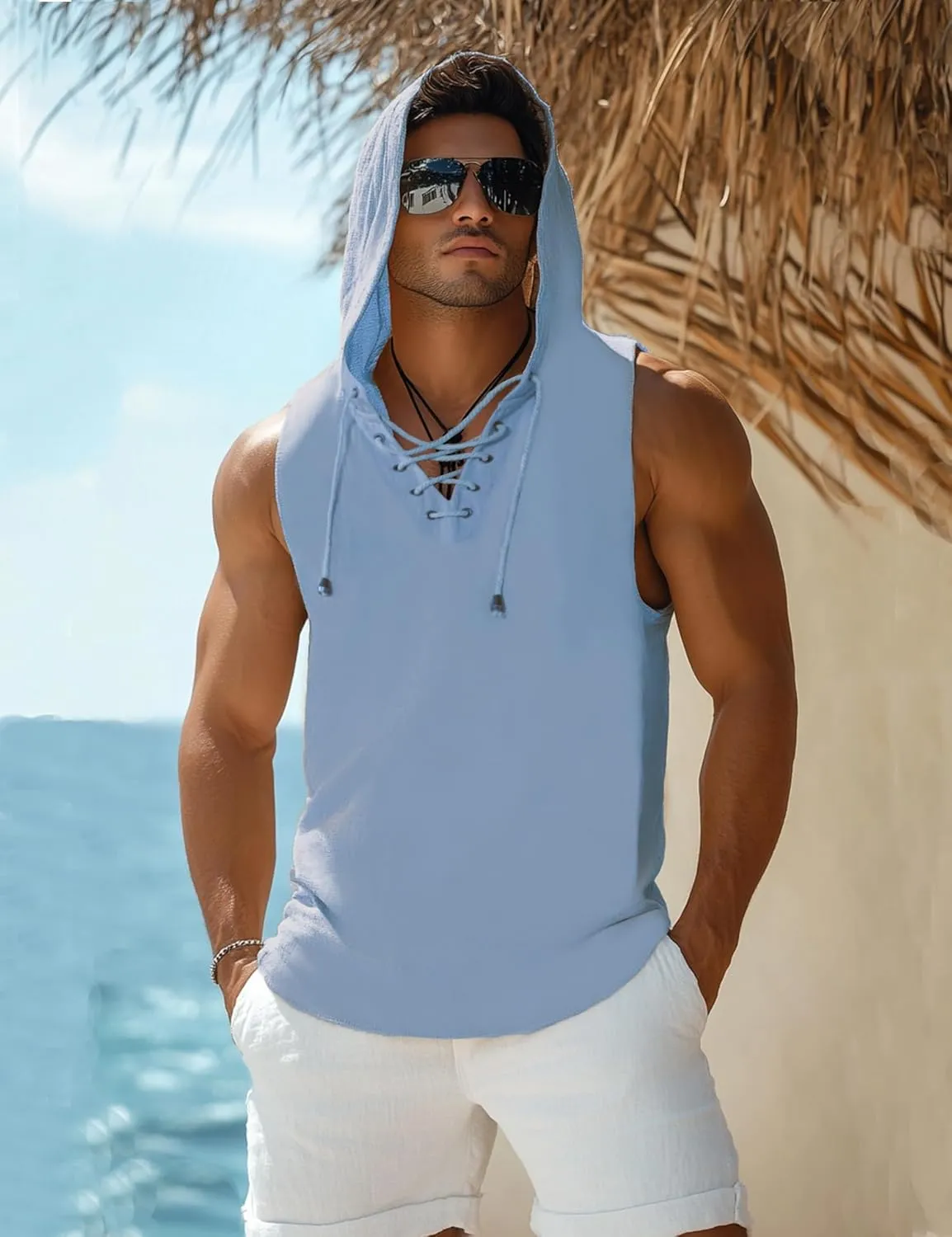 Men's Linen Tank Tops Sleeveless Shirts Lace Up Beach Summer Yoga Top Hippie Renaissance Pirate Tunic with Hood