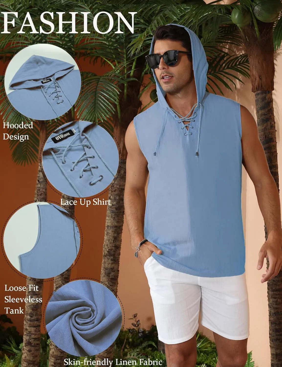 Men's Linen Tank Tops Sleeveless Shirts Lace Up Beach Summer Yoga Top Hippie Renaissance Pirate Tunic with Hood