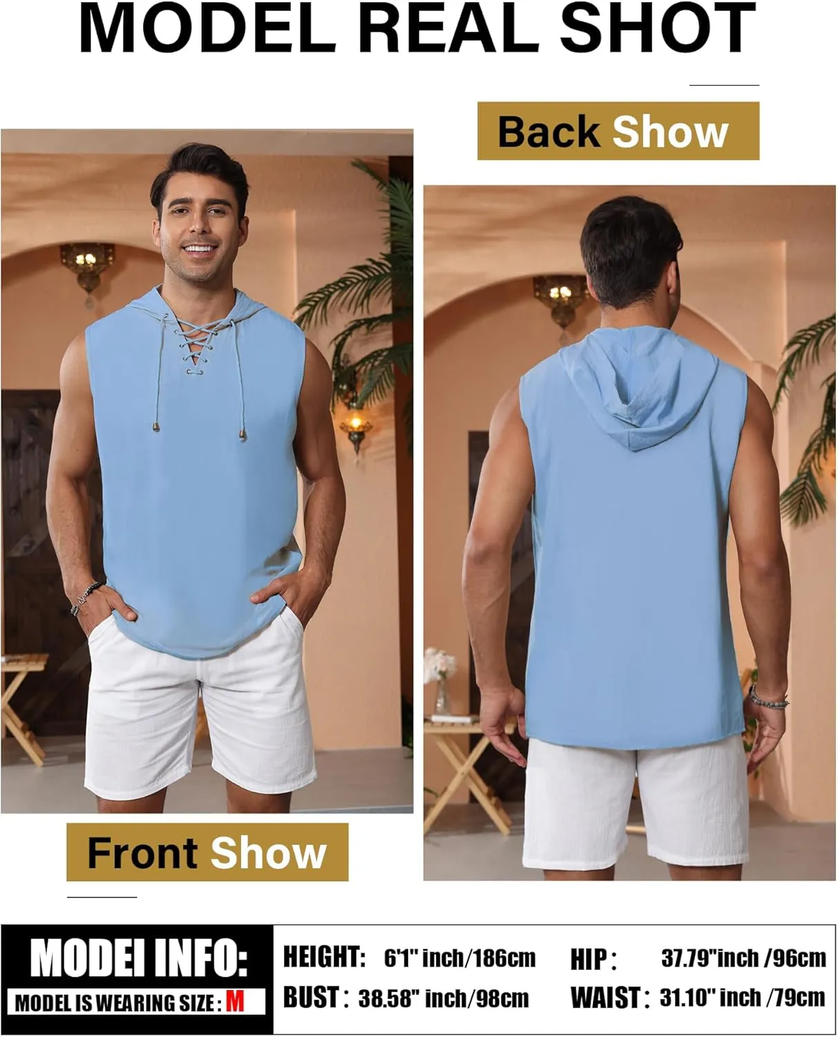 Men's Linen Tank Tops Sleeveless Shirts Lace Up Beach Summer Yoga Top Hippie Renaissance Pirate Tunic with Hood