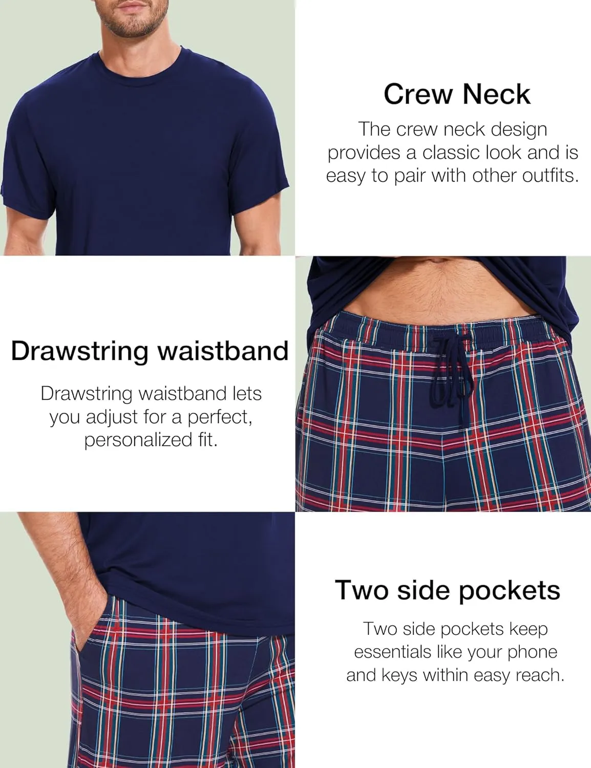 Men's Pajama Sets, Ultra Soft Bamboo Viscose Sleepwear, Short Sleeve Shirts and Shorts Loungewear Pjs Set with Pockets