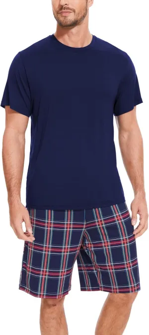Men's Pajama Sets, Ultra Soft Bamboo Viscose Sleepwear, Short Sleeve Shirts and Shorts Loungewear Pjs Set with Pockets
