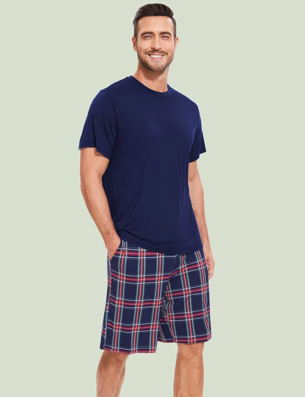 Men's Pajama Sets, Ultra Soft Bamboo Viscose Sleepwear, Short Sleeve Shirts and Shorts Loungewear Pjs Set with Pockets