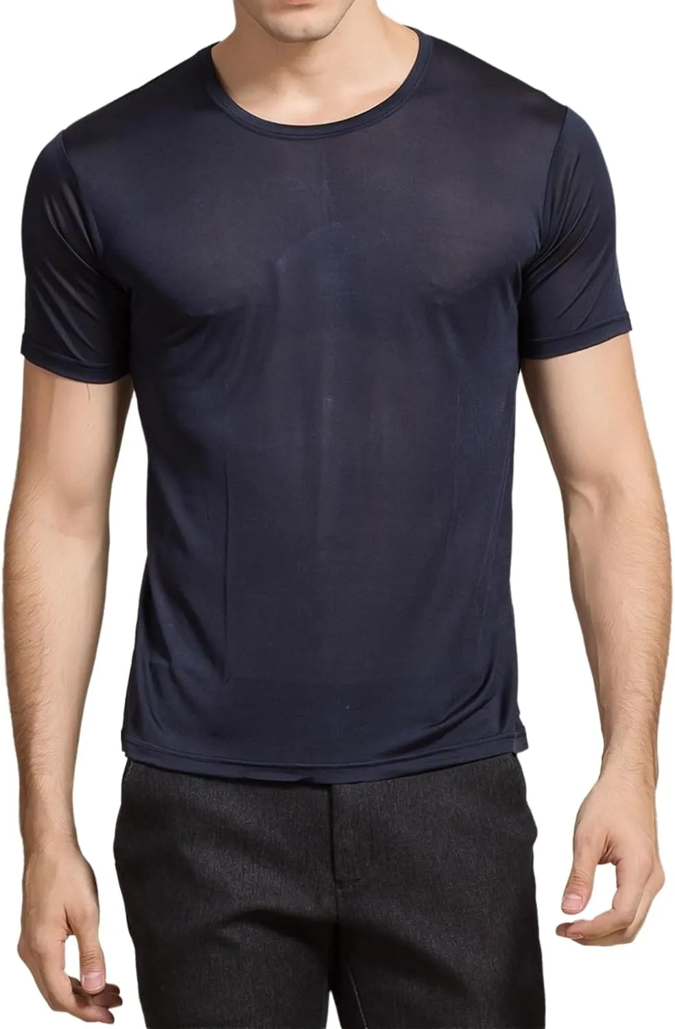 Mens Silk Knitted T Shirt 100% Pure Mulberry Silk Sleep T Shirt Crew Neck Top Undershirt Blouse Short Sleeve Tee Tops