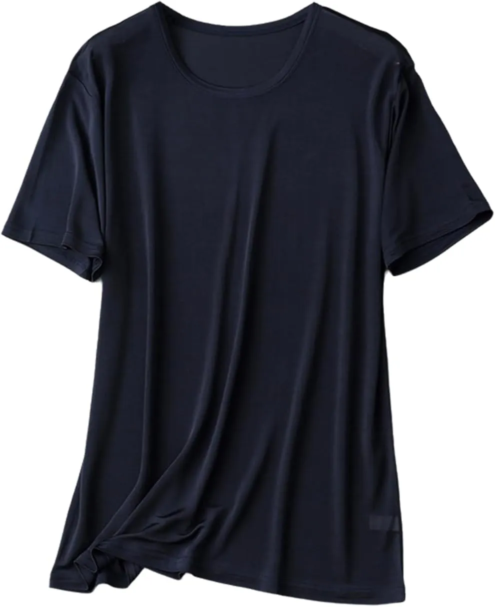 Mens Silk Knitted T Shirt 100% Pure Mulberry Silk Sleep T Shirt Crew Neck Top Undershirt Blouse Short Sleeve Tee Tops