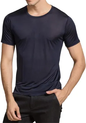 Mens Silk Knitted T Shirt 100% Pure Mulberry Silk Sleep T Shirt Crew Neck Top Undershirt Blouse Short Sleeve Tee Tops