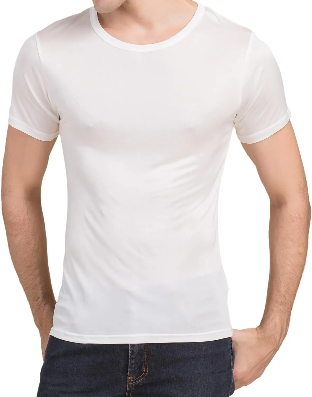 Mens Silk Knitted T Shirt 100% Pure Mulberry Silk Sleep T Shirt Crew Neck Top Undershirt Blouse Short Sleeve Tee Tops